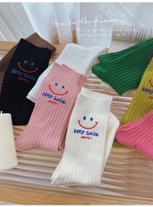 Women's cute smiley face embroidered ribbed crew socks casual retro college style socks