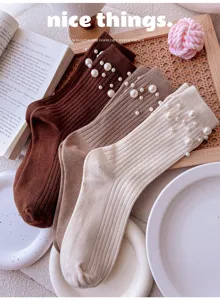 Women pearl knit mid tube socks stylish Japanese style cute fashion casual daily hosiery