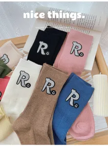 Bequeme Strass Buchstabe R Slouch Socken Strick Mittelrohr Freizeitsocken Damen Herbst Winter Mode