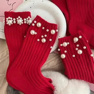 Women's Red Mid-Calf Socks Autumn Winter Ins Trendy Pearl Beaded Cotton Casual Socks