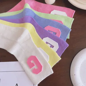 Women Mid-Calf Socks Sweet Candy Color Cotton Blend Cute Letter Patch Casual Daily Knit Long Crew Socks