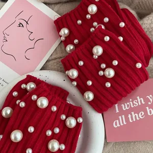 Red pearl embellished ribbed mid-tube socks for women, festive winter style, new year