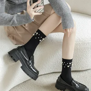 Chaussettes Montantes Style Japonais pour Femmes Douces Perle Artificielle Ornée Coton Décontracté Mode Couleur Unie Tube Moyen