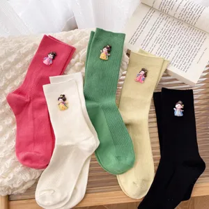 Korean style cute ribbed stacking socks with sweet cartoon doll design for daily wear fashion.