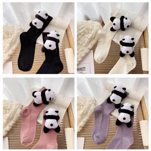 Cute cartoon 3D panda plush doll women mid tube socks, sweet college style casual autumn socks.