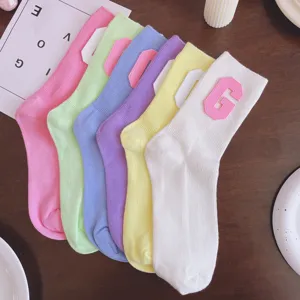 Macaron color letter patch mid-tube socks candy sweet style cute stylish cotton socks ins style