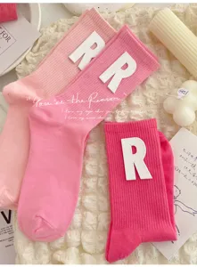 Cute pink mid-calf socks with white letter R patches, Japanese ins style knit socks.