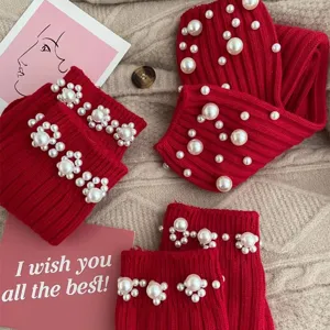 Red knit pearl socks winter warm thick mid tube stockings festive gift chic cozy hosiery fashion