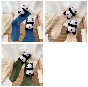 Cute 3D panda plush toy plushie decor mid-tube socks detail view and cozy home setting display.