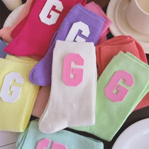 Macaron color leather patch G letter women socks sweet candy style crew socks ins fashion
