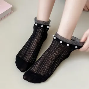 Women Short Socks Sweet Style Cotton Artificial Pearl Lace Ruffle Trim Breathable Mesh Ankle Socks Casual Everyday Hosiery