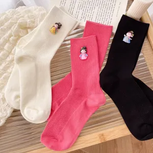 Cute sweet style ribbed mid tube socks with lovely Chinese style 3D cartoon girl decorations.