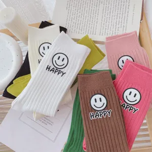 Women's Casual Cotton Mid-Calf Socks Cute Smiley Face Letter Print Striped Socks Fall Winter Fashion Accessories