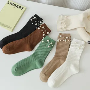 Chaussettes mi-hautes en tricot côtelé avec perles style japonais mignon mode 5 paires