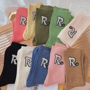 Damen Baumwolle Slouch Socken Mittelhoch Casual Einzigartig Mode Retro Socken Mit Strass Buchstaben R Abzeichen Alltag