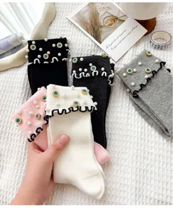 Korean style women ruffle socks with pearls and blue rhinestones cute autumn winter long socks