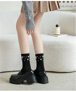 Pearl embellished black mid-tube socks women fashion casual cotton knit socks loafers match