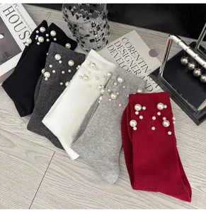 Women fashion pearl knit mid-calf slouch socks autumn winter casual solid color cute