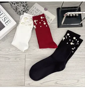 Women's autumn winter knitted mid tube socks with pearl beads stylish casual warm hosiery