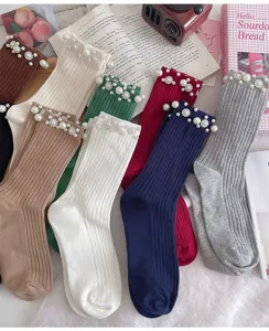 Women pearl ribbed knit mid tube socks stylish rhinestone beaded casual slouch fashion socks