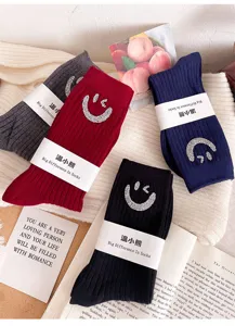 Korean style rhinestone smiley face ribbed mid-calf socks, cute autumn winter casual long socks.