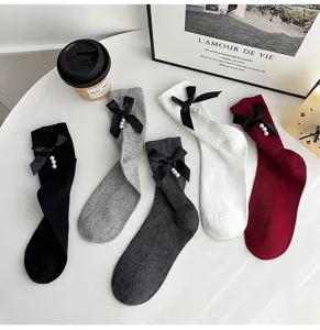 Women knit crew socks with black bow and pearl details sweet cute style comfortable daily wear