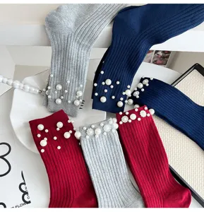 Women pearl ribbed mid-tube socks fashion rhinestone studded trendy stacking socks.