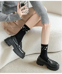Women black mid-tube socks with pearl beading stylish trendy cotton winter fashion accessory detail