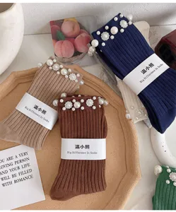 Pearl rhinestone ribbed mid tube socks sweet fashion stacked socks for women daily wear 1pc
