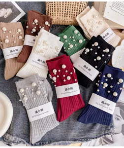 Women pearl knitted mid tube socks winter cozy cotton hosiery fashion daily wear stylish cute