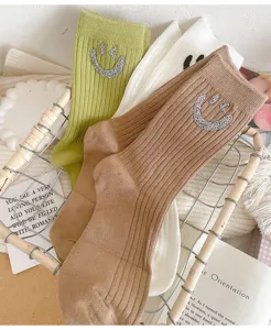 Women cute rhinestone smiley face mid tube socks winter warm vertical striped casual knit hosiery