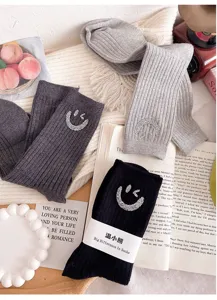 Korean style rhinestone smiley ribbed crew socks fashion cute casual long socks for women