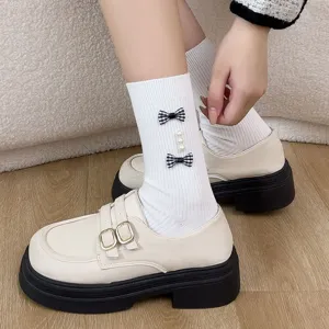 Sweet college style women's white socks with plaid bows and pearls, matching cute platform shoes.