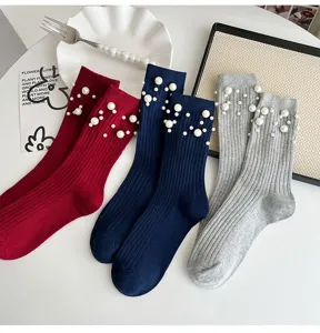Women pearl ribbed mid-tube socks cute stylish autumn winter fashion cotton hosiery ins