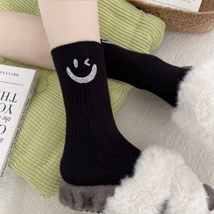 Women Smiling Face Rhinestone Crew Socks Autumn Winter Versatile Casual Cotton Knitted Vertical Stripe Fashion Socks