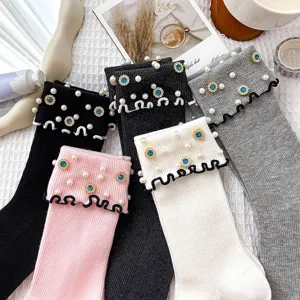 Women cute pearl rhinestone knit socks, sweet lettuce edge warm mid-calf socks winter