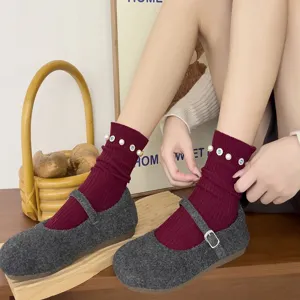 Women winter dark red ribbed crew socks with chic pearls and rhinestones elegant fashion hosiery