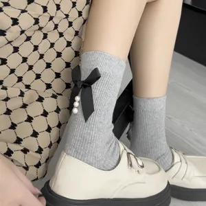 Cute grey mid-calf socks with black bow and pearls, sweet Japanese style college wear ins main image