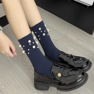 Women pearl embellished navy blue ribbed crew socks stylish cute fashion cotton daily