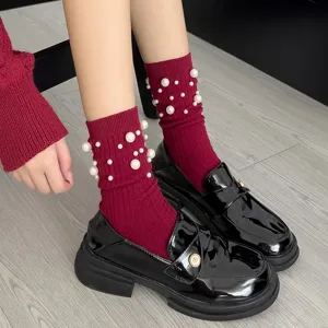 Women burgundy ribbed cotton socks pearl beaded cute fashion vintage winter daily wear