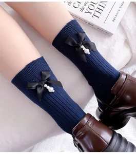 Dark blue ribbed mid-calf socks with black bows and pearls. Perfect for autumn/winter daily outfits.