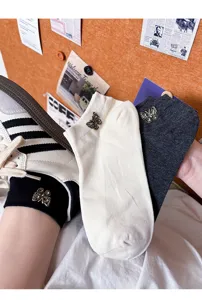 Cute cotton low-cut socks with rhinestone butterfly charm, breathable and comfortable summer wear.
