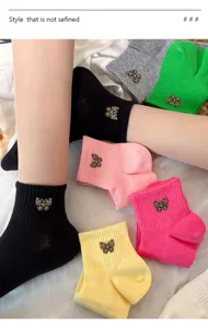 Women cute mesh cotton short socks with crystal rhinestone butterfly charm casual summer daily wear
