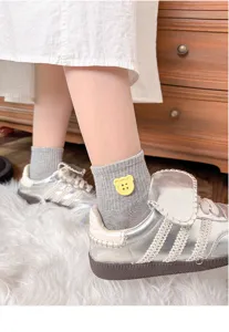 Cute grey cotton socks featuring a sweet yellow bear button decoration for women and girls daily wear.