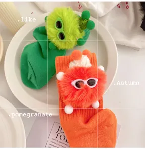 Cute girls fuzzy monster socks with funny tiny sunglasses mid tube cotton hosiery