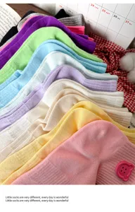 Spring thin mesh breathable dopamine colorful short socks with cute bear buttons for women.