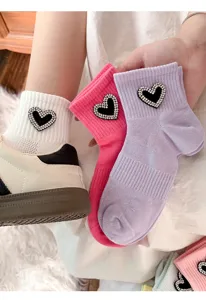 Chaussettes courtes pour femmes avec cœur noir strass scintillant, chaussettes d'été en maille respirante.