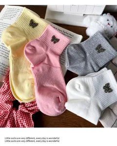 Cute cotton short socks for women with crystal butterfly decor sweet daily wear ankle socks