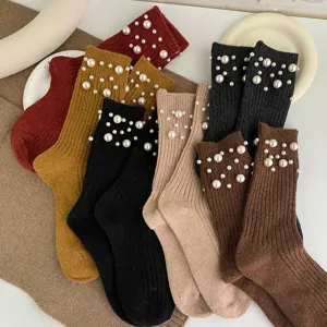 Women knit pearl crew socks winter thick warm fashion cute hosiery solid color casual chic style