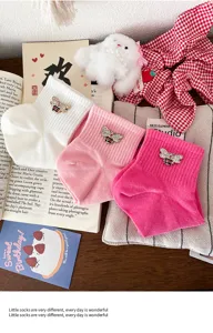 Cute cotton mesh short socks featuring elegant rhinestone bee brooches, Korean sweet college style daily wear.